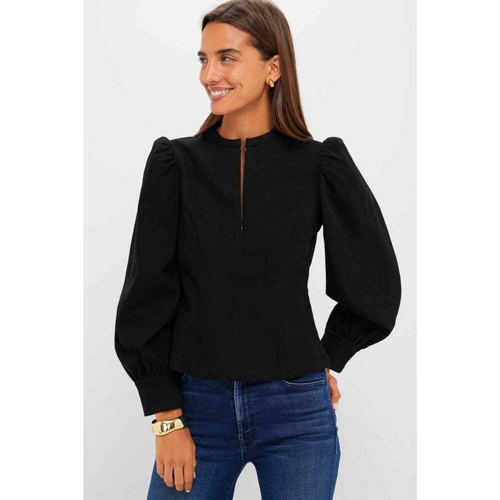 HYACINTH HOUSE Black Denim Front Zip Anderson Blouse Size -XS